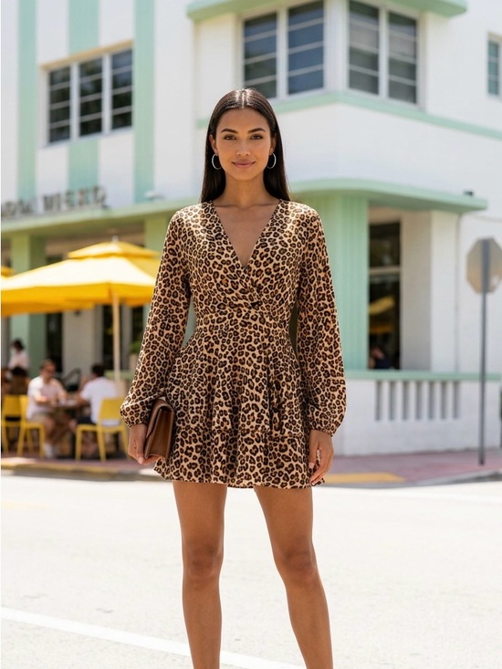 Pants - Leopard Print V-Neck Long Sleeve Romper - Brown Small